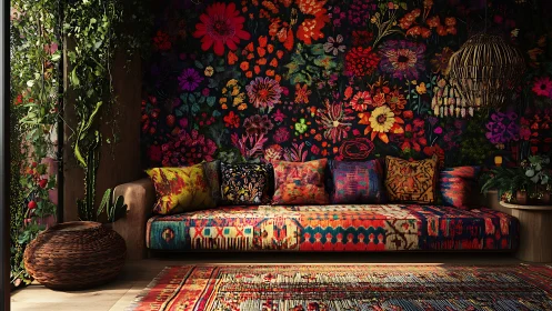 Living room sofa with dense floral wall and textiles.