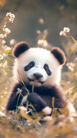 Baby panda holding bamboo in soft sunlit meadow scene.