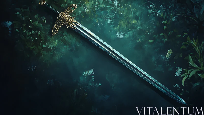 Moonlit relic blade dreaming in a forgotten forest pool.