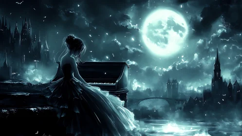 Moonlit woman at grand piano facing dark gothic city.