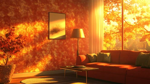 Sunlit orange living room with sofa, lamp and autumn foliage
