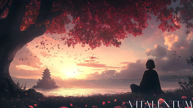 Silhouette under red-leaf tree facing lakeside pagoda at dusk.