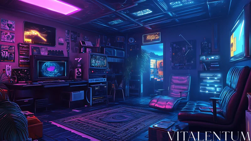 Retro-futuristic neon workstation in dim interior room.