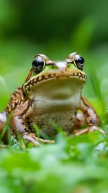 Macro frog portrait in lush green forest floor habitat.