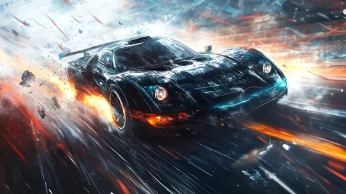 Flame-laced hypercar rips through a storm of light and speed.