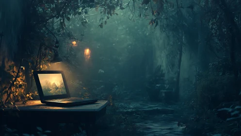 Glowing laptop illuminates misty forest courtyard night