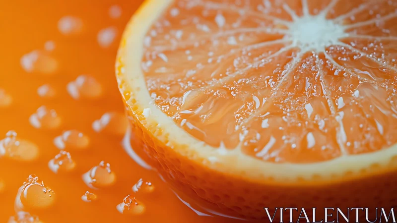 Macro close-up of sliced orange with water droplets on surface.