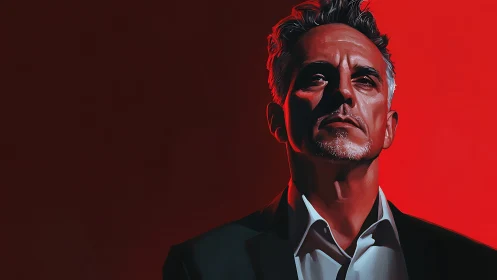 Middle aged man in suit against high contrast red backdrop.