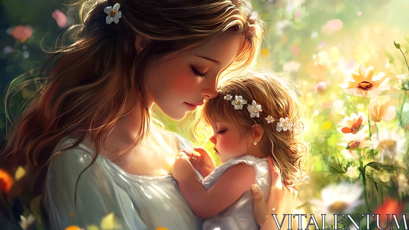 Adult figure holding child figure in sunlit garden setting.