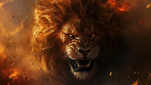 Thermal-ignited leonine visage within turbulent combustion field.