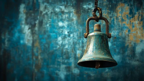 Rustic teal metal bell against mottled textured blue backdrop.