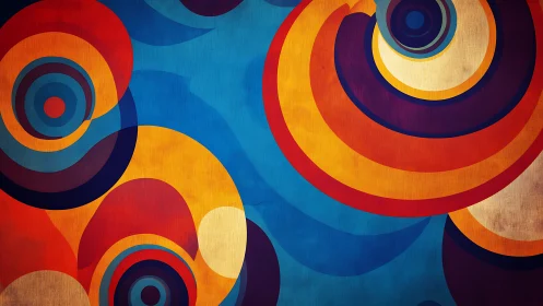 Spiraling circles swing across a bold retro color storm