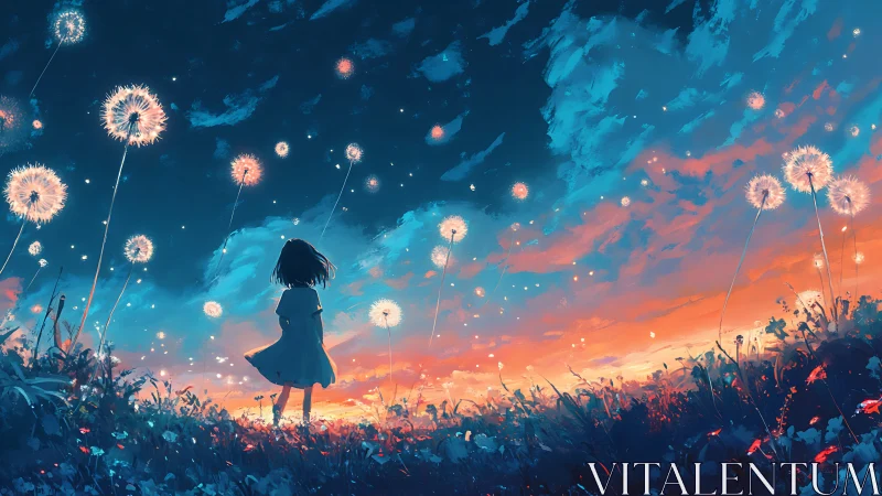 Silhouetted girl studies luminous dandelions under twilight sky