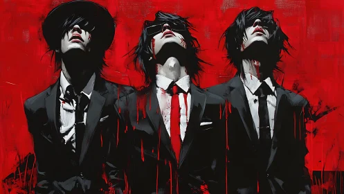 Three suited male figures stand against a flat red backdrop