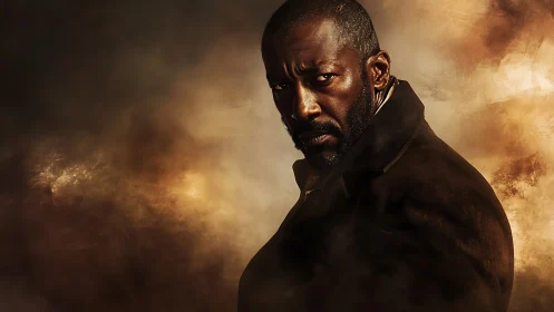 Serious man in coat looks back against smoky backdrop