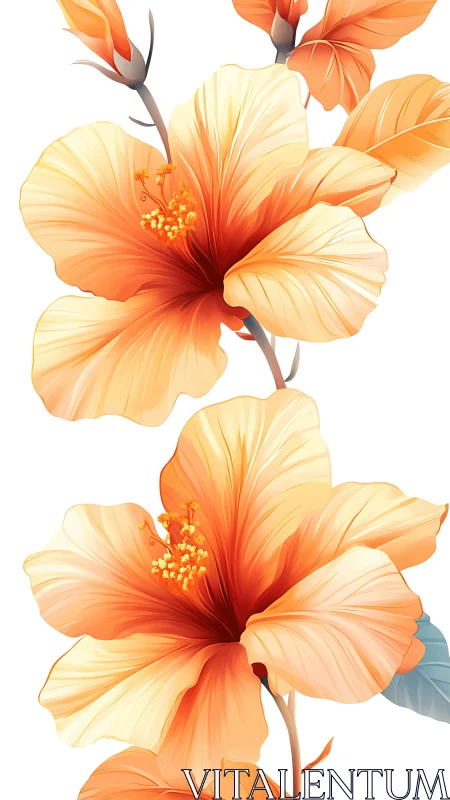 Orange hibiscus flowers with gradient petals and yellow stamens.