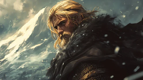 Blond armored figure stands before a snow-covered mountain