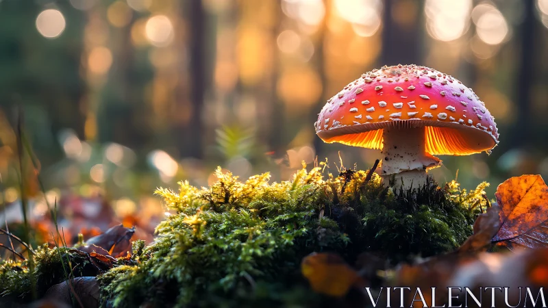 Backlit fly agaric mushroom glows in shallow forest focus