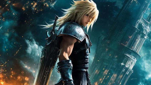 Armored swordsman rendered in high-contrast fantasy digital art