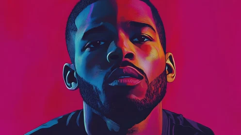 Digital painting portrait with neon duotone lighting treatment.