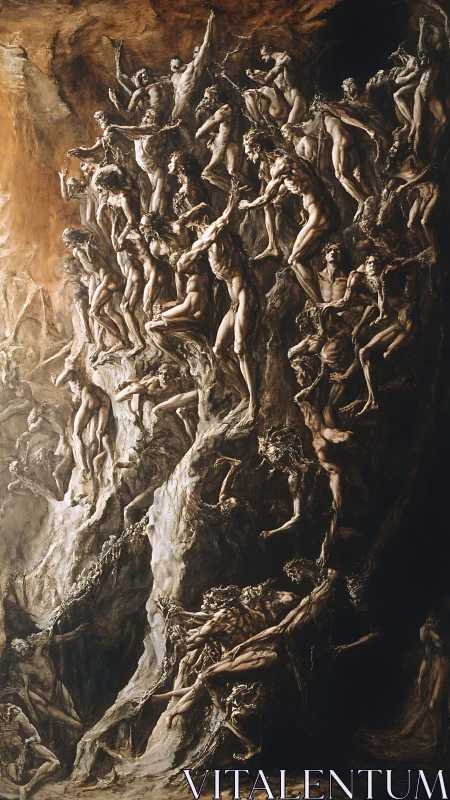 Tormented souls clinging to cliff in dark infernal ascent.