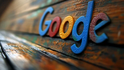Colorful Google logo rests on a rustic wooden surface