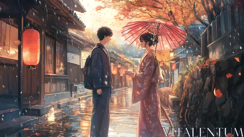 Rainlit lantern street pauses while two quiet hearts align