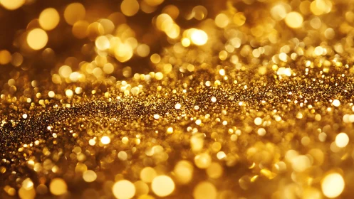 Macro bokeh field of golden glitter with shallow focus depth.