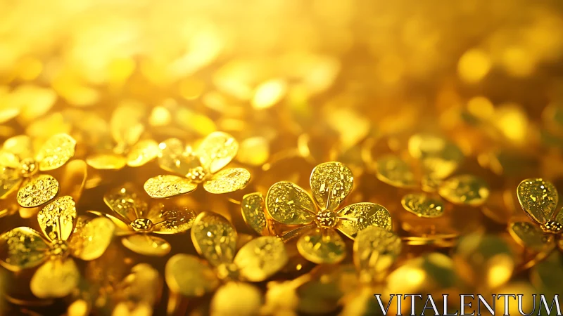 Golden metallic blossoms shimmer in warm dreamy light