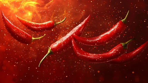 Red Chili Pepper Cluster with Luminous Particle Field.