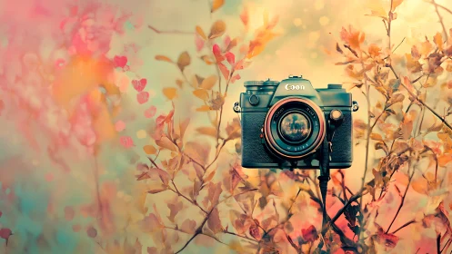 Vintage SLR camera suspended amid pastel autumn foliage bokeh
