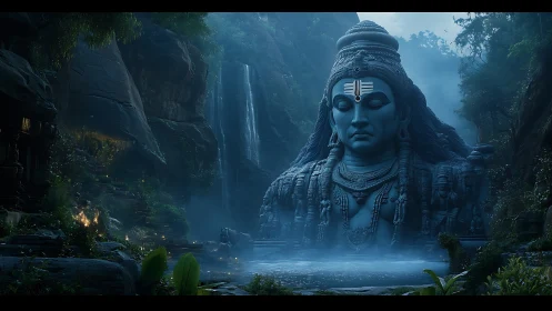 Colossal Shiva stone monument in misted jungle gorge.