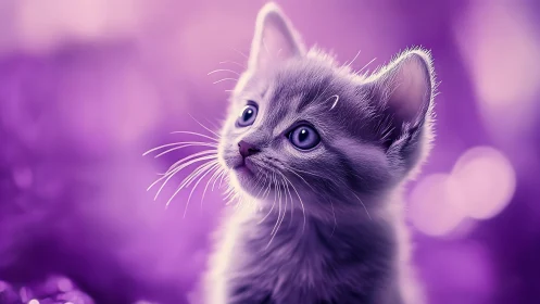 Kitten Portrait Against Purple Bokeh Background.