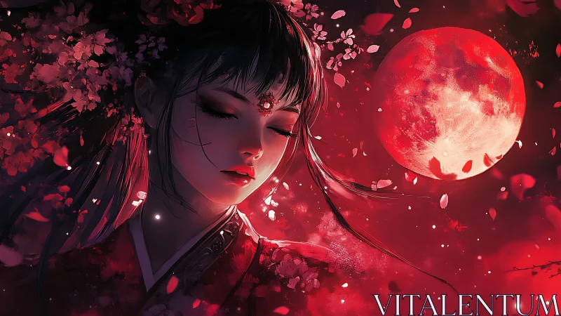 Red moonlit portrait unifying anime elegance and floral motion