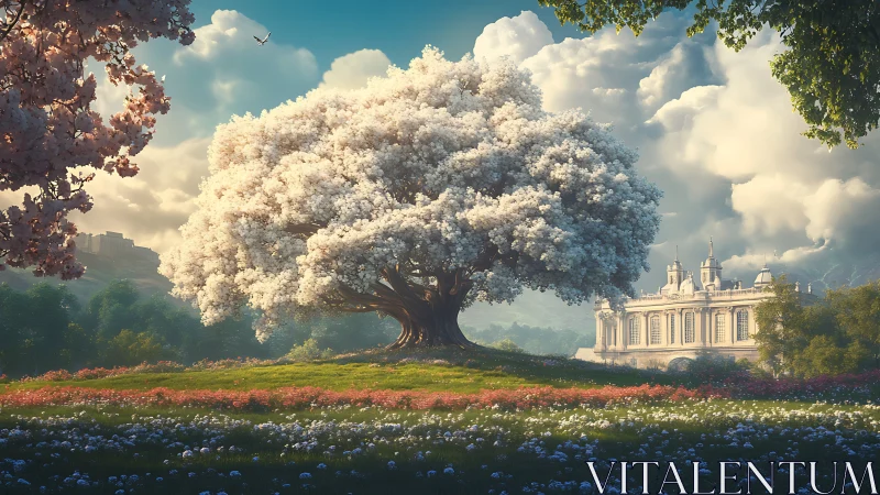 Blossoming white tree crowns a palace meadow in springtime.