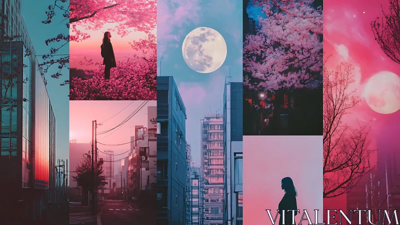 Neon dusk cityscapes with moonlit sakura silhouettes collage.