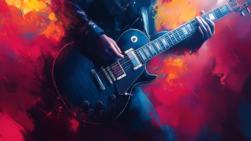 Electric guitar held by musician against abstract color field