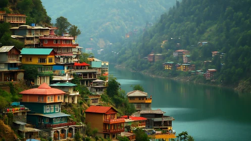 Hillside village buildings overlook narrow green mountain lake