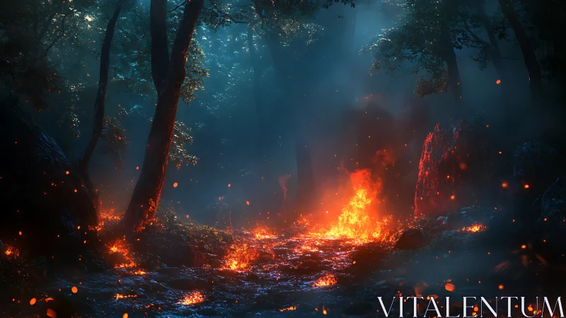 Incandescent Wildfire Engulfing Forest Canopy with Radiant Particulate Emissions