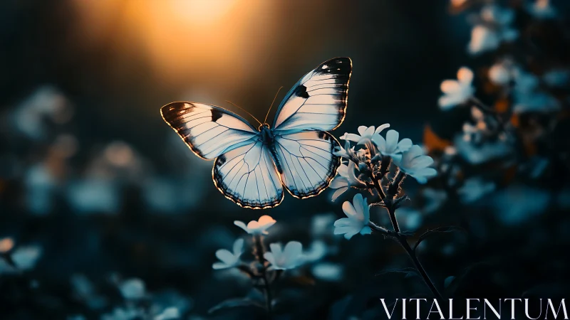 Luminous blue butterfly poised in warm twilight garden.