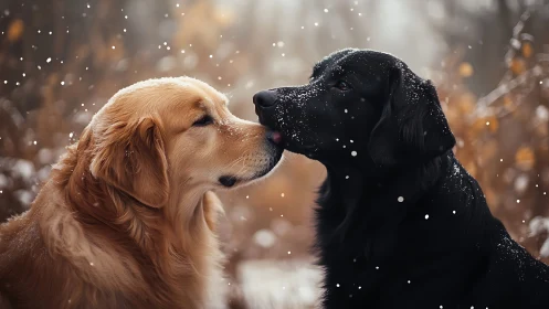 Golden and black retrievers share a tender kiss in snowfall