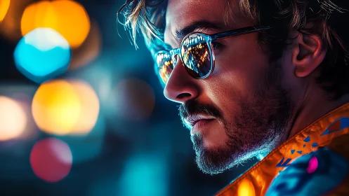 Man wearing reflective sunglasses set against neon city lights
