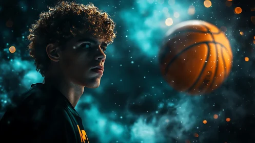 Focused young player watches suspended basketball in neon haze