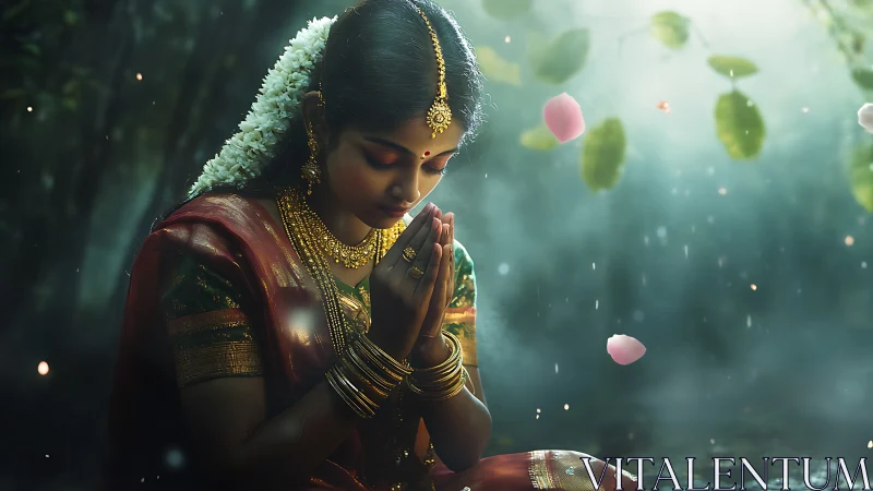 Young Indian woman in traditional dress praying outdoors.
