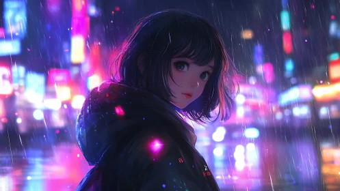 Neon-lit girl stands alone in a rainy cyber city street.