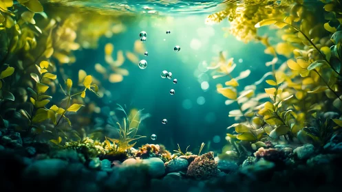 Underwater plants surround rising air bubbles in clear water