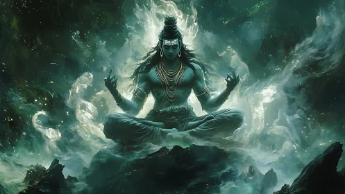 Divine blue deity meditating amid swirling emerald cosmic mist