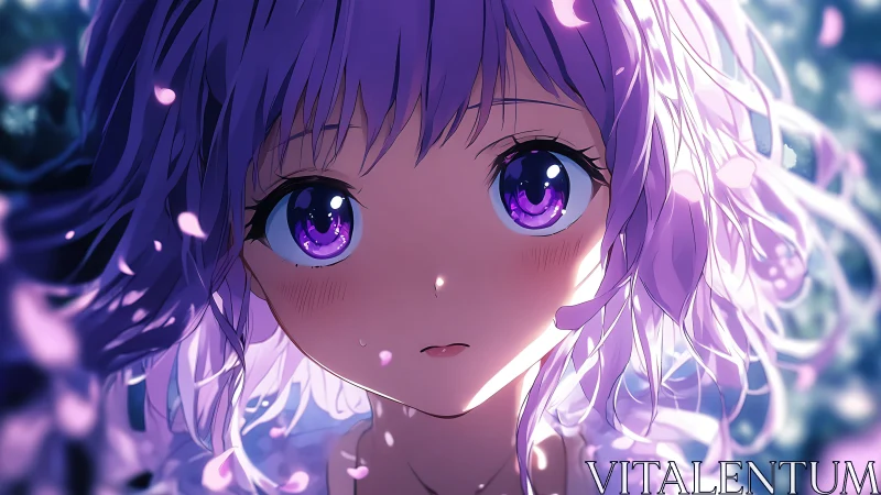 Violet haired anime girl in petal illuminated depth of field.