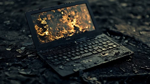 Burned laptop lies in wet debris with fire on screen surface