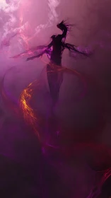 Ethereal flame spirit rising through violet nebula haze.
